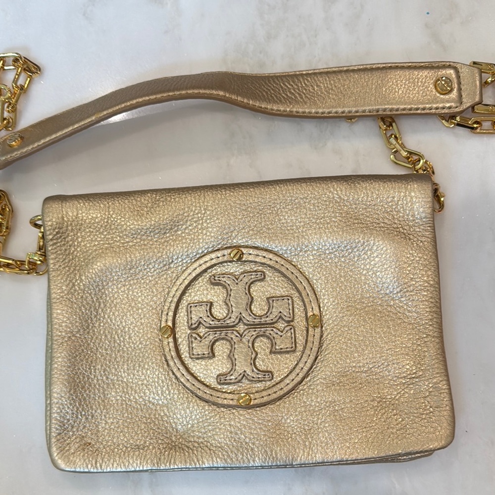 Tory Burch Gold Metallic Crossbody Bag with Logo Medallion